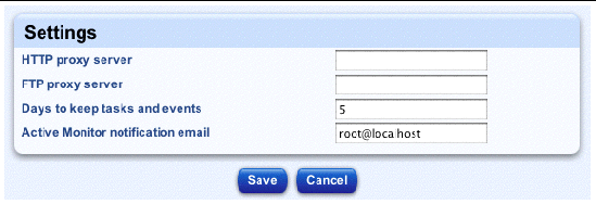 This screenshot shows the table for configuring the server running the Sun Control Station software; the buttons are Save and Cancel.