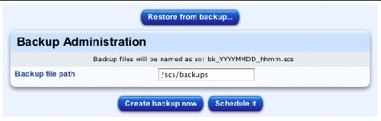 This screenshot shows the Backup Administration table; the buttons are Restore From Backup, Create Backup Now and Schedule It.