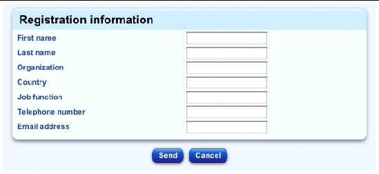 This screenshot shows the table for registering your Sun Control Station software; the buttons are Send and Cancel.