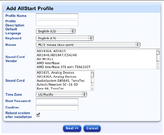 This screenshot shows the Add AllStart Profile table; the buttons are Next and Cancel.