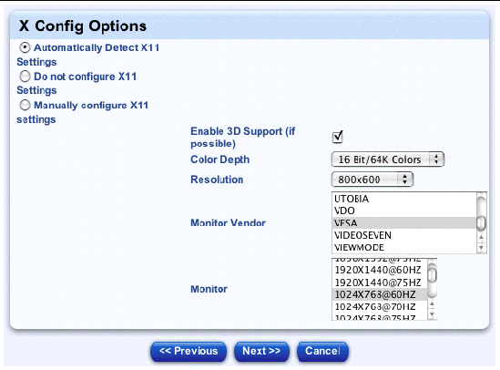This screenshot shows the table for configuring the X Window System; the buttons are Previous, Next and Cancel.