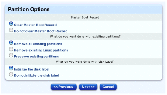 This screenshot shows the table for configuring the partition options; the buttons are Previous, Next and Cancel.