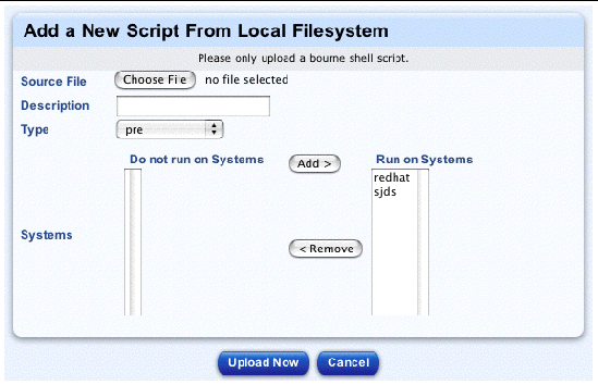 This screenshot shows the table for adding a new custom script; the buttons are Upload Now and Cancel. 
