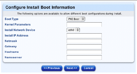 This screenshot shows the table for configuring the Install Boot information; the buttons are Previous, Next and Cancel. 