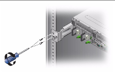 Figure showing how to secure the rear of the server into a rack.
