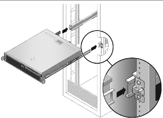 Figure showing the mounting rails on the server fitting into the slide rails in the rack.