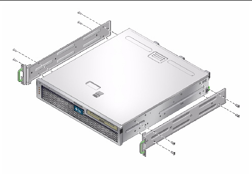 Figure showing how to install the two hardmount brackets to the server.