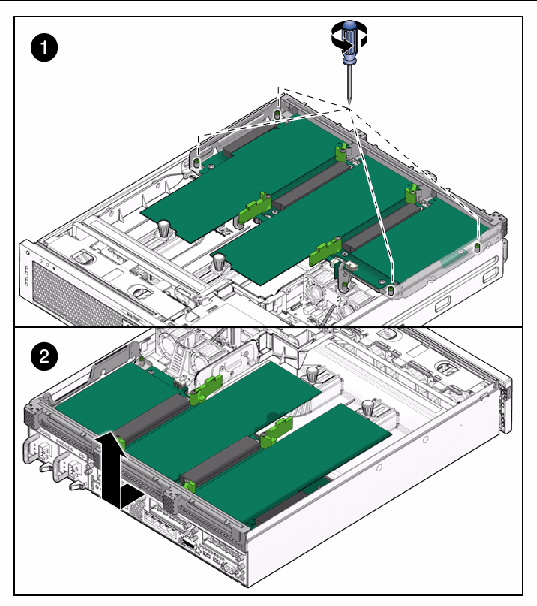 Figure showing removing screws and lifting the PCI tray.