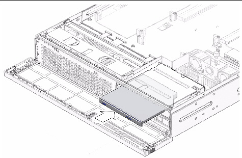 Figure showing the optical media drive being inserted into the media bay assembly.