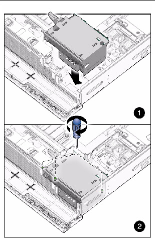 Figure showing media bay assembly being set into place and screws being tightened.