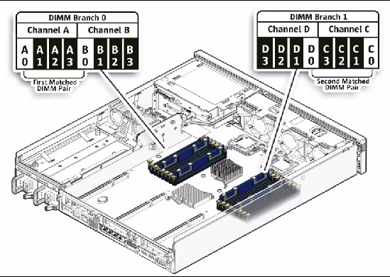 Figure showing DIMM layout in the Sun Netra X4250 server motherboard.