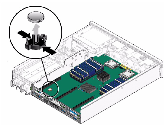 Figure showing how to pry the battery from the service motherboard.