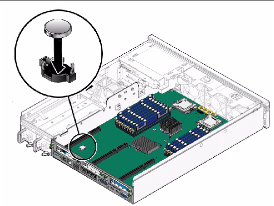 Figure showing how to insert the battery into the motherboard.