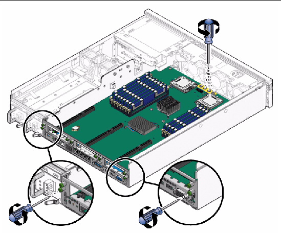 Figure showing installation of the screws that secure the motherboard assembly.