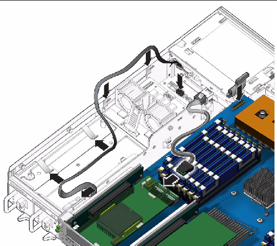 Figure showing how to connect the cables to the motherboard assembly.