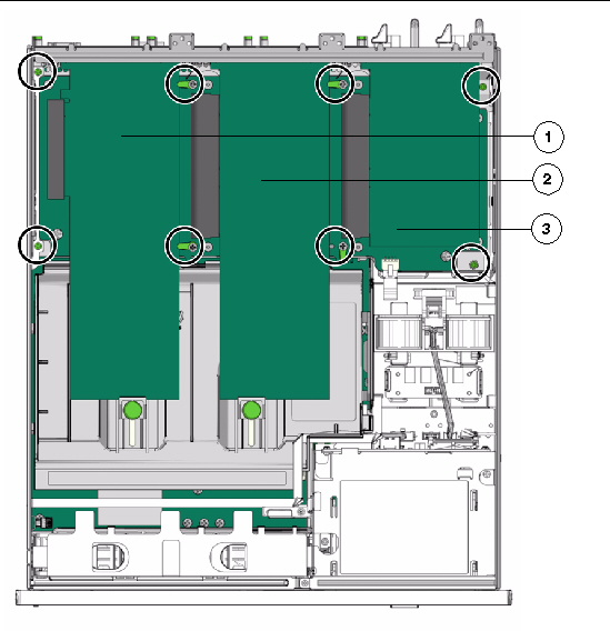 Figure showing the PCI mezzanine, indicating PCI retainers and securing screws.