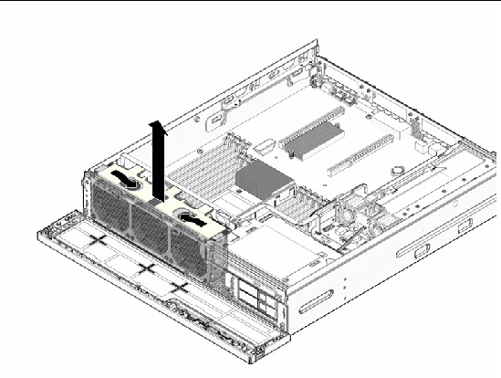 Figure showing fan assembly being lifted from chassis.
