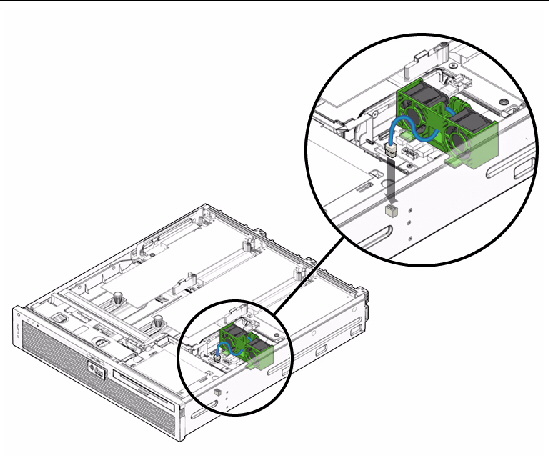 Figure showing the hard drive fan assembly being lower into position.