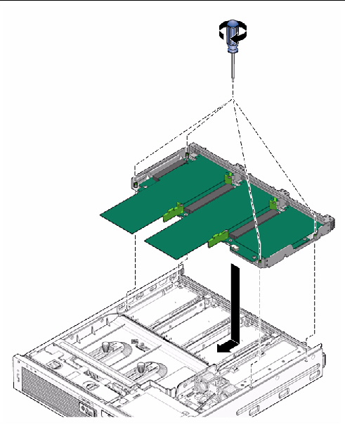 Figure showing PCI mezzanine being lowered and secured with screws.