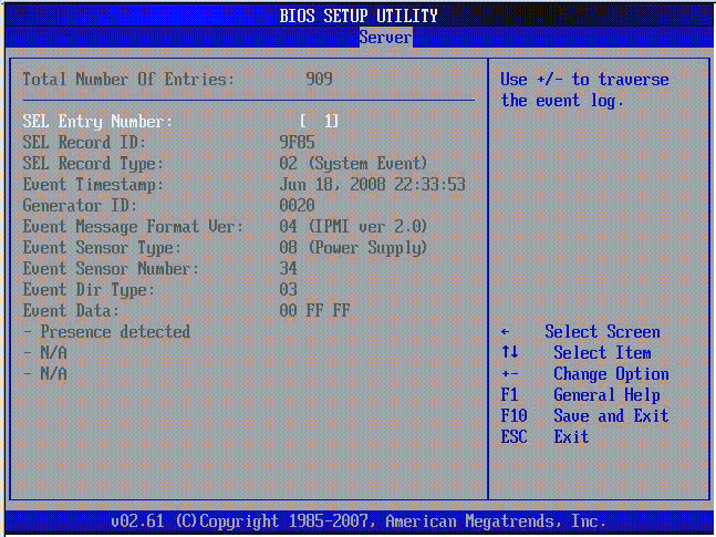 Graphic showing BIOS Setup Utility: Server view SP event log.