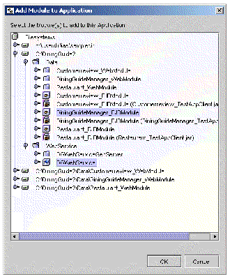 Add Module to Application dialog box showing Data and WebService packages expanded, DiningGuideManager_EJBModule and DGWebService selected.