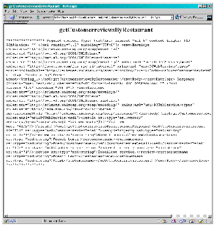 getCustomerreviewsByRestaurant response page showing SOAP message as two returned reviews wrapped in XML code.