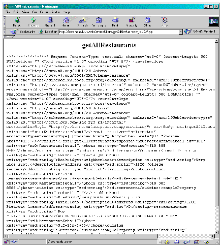 getAllRestaurants response page shows three restaurant records displayed wrapped in XML code.