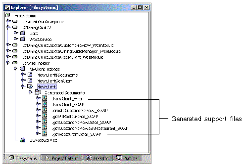 Explorer window shows expanded MyClientPackage/NewClient/Generated Documents nodes containing the generated JSP pages and welcome page.