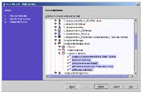 New wizard showing Methods pane. Browse area showing DiningGuideManager's business methods expanded and all five selected.