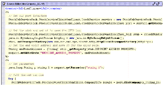 Screenshot of Source Editor display of part of a client JSP page, showing calls to the client proxy.