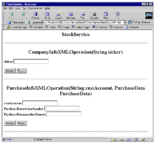 Screenshot of Netscape browser display, showing client welcome page with header and two XML operations with names and parameters.