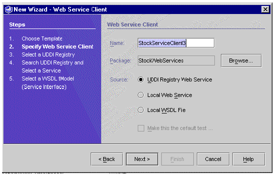 Screenshot of new web service client wizard. Buttons are Browse, Back, Next, Finish, Cancel, and Help.