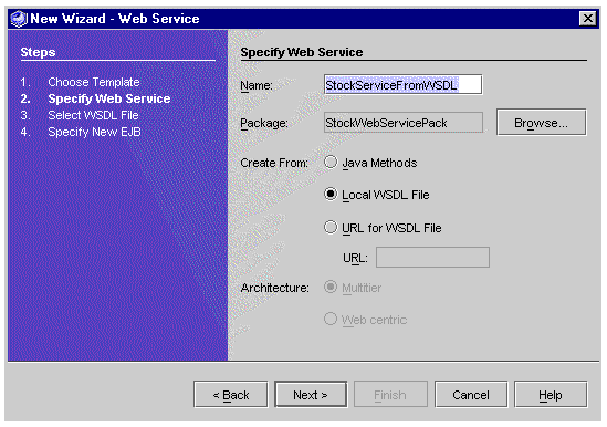 Screenshot showing new web service wizard. Buttons are Browse, Back, Next, Finish, Cancel, and Help.