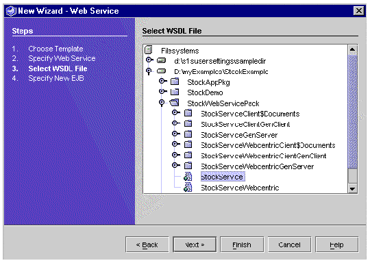 Screenshot showing new web service wizard, Select WSDL File. Buttons are Back, Next, Finish, Cancel, and Help.
