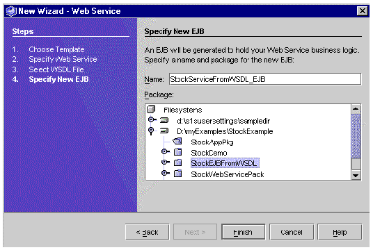 Screenshot showing new web service wizard, Specify New EJB. Buttons are Back, Finish, Cancel, and Help.