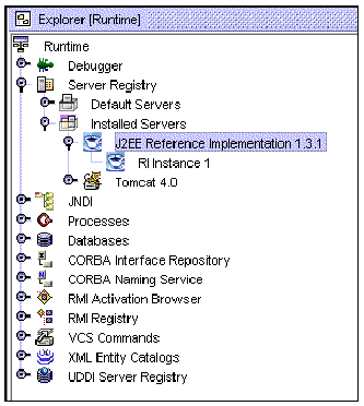 Screenshot of Explorer runtime tab showing Server Registry node, Installed Servers subnode, and J2EE RI node with an RI instance.