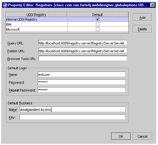 Screenshot showing Registries Property Editor. Buttons are Add, Delete, OK, and Cancel.