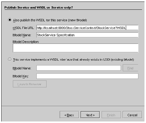 Screenshot of UDDI tModel selection dialog box. Buttons are Find, Launch Browser, Back, Next, Finish, and Cancel.