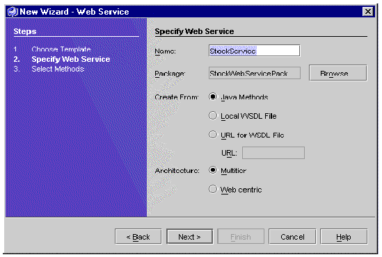 Screenshot showing new web service wizard. Buttons are Browse, Back, Next, Finish, Cancel, and Help.
