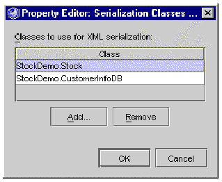 Screenshot of serialization classes property editor, showing list of classes, Add, Remove, OK, and Cancel buttons.