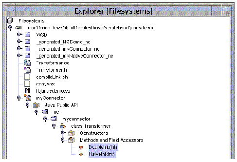 Screenshot of native connector node in the Explorer, showing the Methods and Field Accessors subnode with two methods.