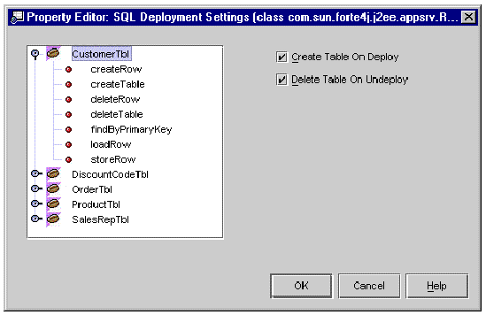 Screenshot showing the SQL Deployment Settings property editor with one of the EJB module's beans selected and expanded.