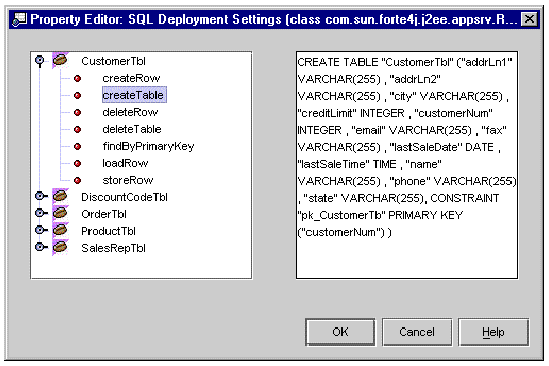 Screenshot showing the SQL Deployment Settings property editor with one of the EJB module's bean nodes expanded and one of that bean's methods selected.