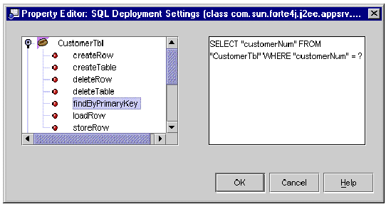 Screenshot of the SQL Deployment Settings property editor with an EJB module's bean nodes expanded and the bean's Find By Primary Key method selected.