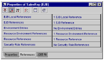 Screenshot showing the References tabbed pane of a CMP entity bean's property sheet.