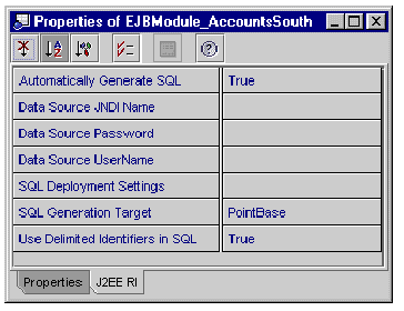 Screenshot showing the J2EE RI tabbed pane of an EJB module.
