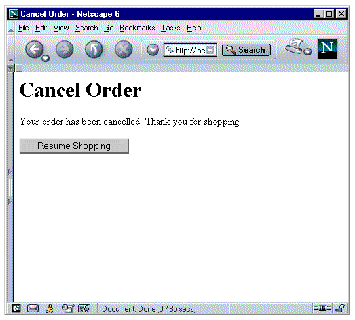 Cancel Order page in a web browser showing a message saying the order has been canceled; thank you for shopping, and a Resume Shopping button.