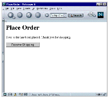 Place Order page in a web browser showing a message saying the order has been placed, thank you for shopping, and Resume Shopping button.