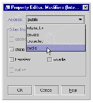 The lineItems field properties window showing the Public item being selected from the Access field's combo box list.