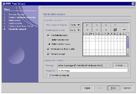 Screen shot showing sixth panel of JDBC Form Wizard. Heading in panel reads, "Finish the wizard." Buttons are Back, Finish, and Cancel.